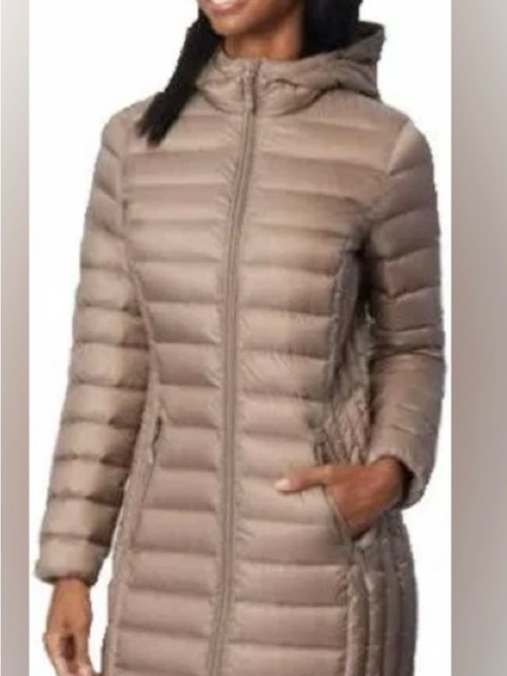 Hooded Quilted Puffer Coat in Taupe